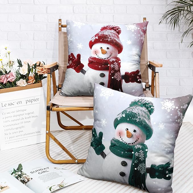 Xmas Red and Green Snowman Pillow Covers 20x20 Set of 2 Winter Holiday Throw Pillow Covers for Christmas Decorations Living Room Sofa Cotton Linen Pillow Case
