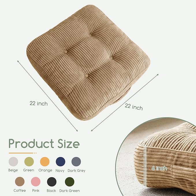 HIGOGOGO 6" Extra Thick Floor Pillow Cushion for Adults, Meditation Cushion Pillow, Large Square Floor Sitting, Tufted Corduroy Cover, for Tatami Living Room or Yoga, 22x22 Inch, Coffee