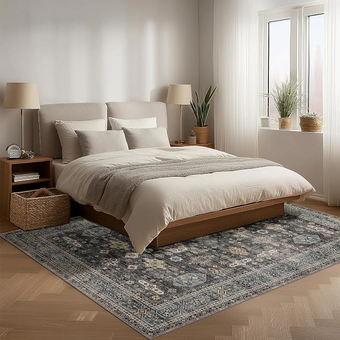 Ruaruarug Washable Area Rug 5x7 for Living Room Bedroom, Ultra Soft Non Slip Stain & Fade Resistant, Pet & Kids Friendly, Suitable for High Traffic Areas Easy to Clean for Office Kitchen, Silver