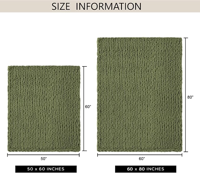 Chunky Knit Throw Blanket 60x80, 100% Handmade Chenille Yarn | 6.7lbs Soft Thick Cable Knitted Blankets, Large Rope Knot Crochet Throws for Couch Sofa Bed Christmas Fall Decor, Olive Green