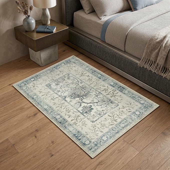 GarveeHome Vintage Blue Small Rug 2x3 Door Mat Indoor Cottage Core Retro Farmhouse Low-Pile Stain Resistant Non-Slip Washable Rugs for Entryway Bathroom Bedroom Kitchen TPE Backing