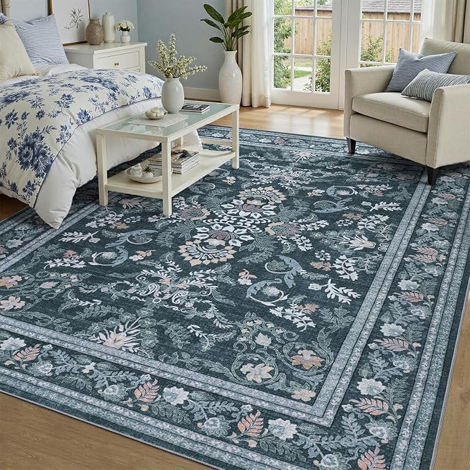 DCX Navy Blue 5x7 Area Rug, Machine Washable Non Slip Stain Resistant Soft Vintage Floral Rug, for Living Room, Bedroom, Dining Room, Soft Low Pile Large Carpe