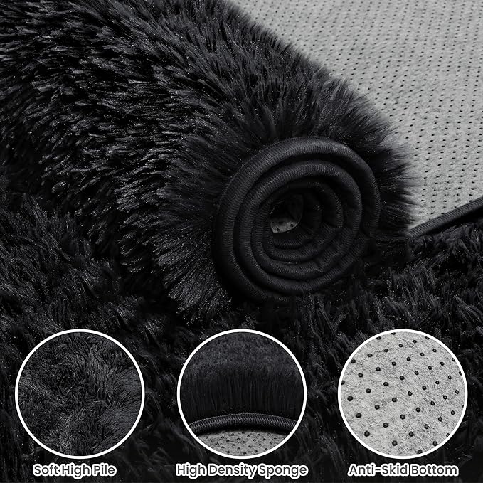 4x6 Area Rug for Living Room, Ultra Soft Fluffy Shag Rugs for Bedroom, Non-Slip Large Fuzzy Plush Rug Indoor Floor Carpet for Nursery Kids Office Dorm Modern Decor, Black