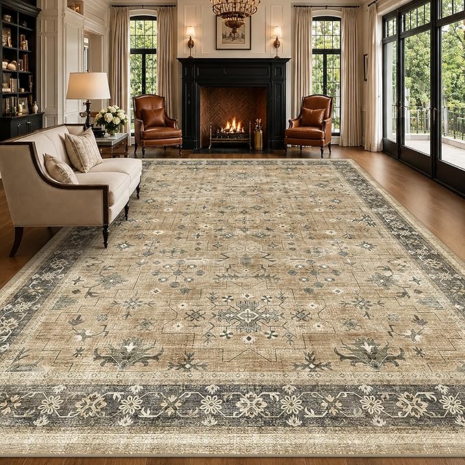 Boho Earth Tone 7x10 Living Room Rug - Distressed Natural Taupe Washable Bedroom Area Rug, Modern Vintage Dining Room Carpet, Non-Slip Stain & Fade Resistant