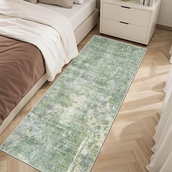 Soalmost Runner Rug 2x5 Washable Non-Slip Kitchen Runner Rugs for Bathroom Laundry Room Green/Ivory Vintage Floor Carpet Runners for Hallway Entryway
