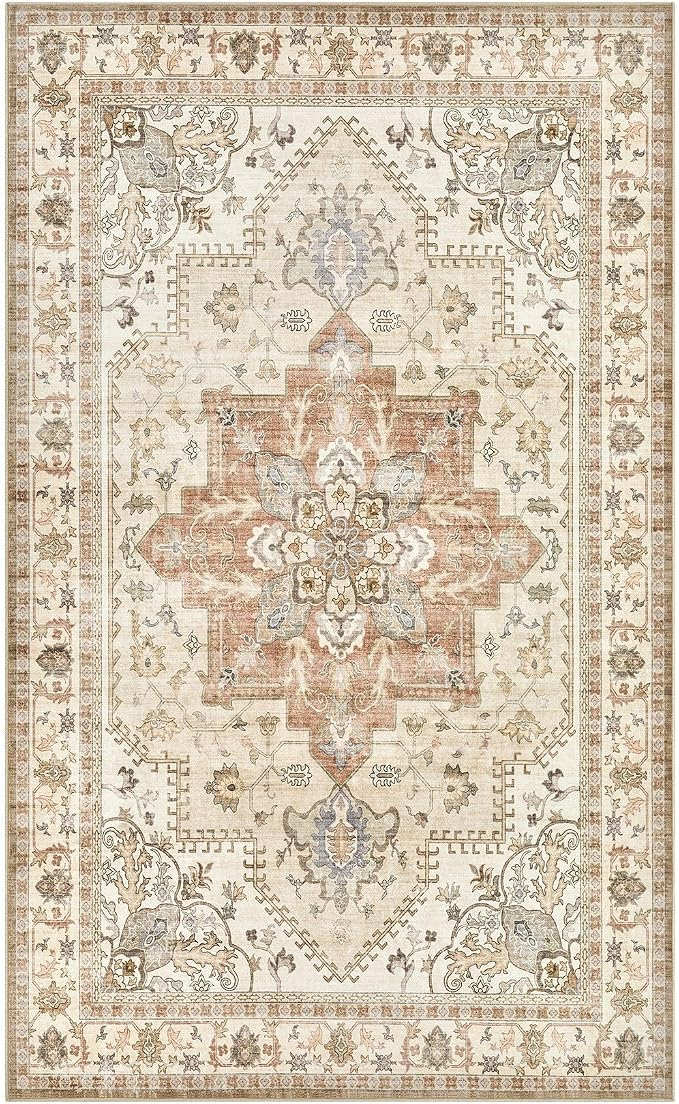 Tortania Area Rug Living Room Rugs - 3x5 Washable Rug Vintage Oriental Distressed Farmhouse Small Thin Indoor Carpet for Living Room Bedroom Under Dining Table Home Office - Rust/Cream