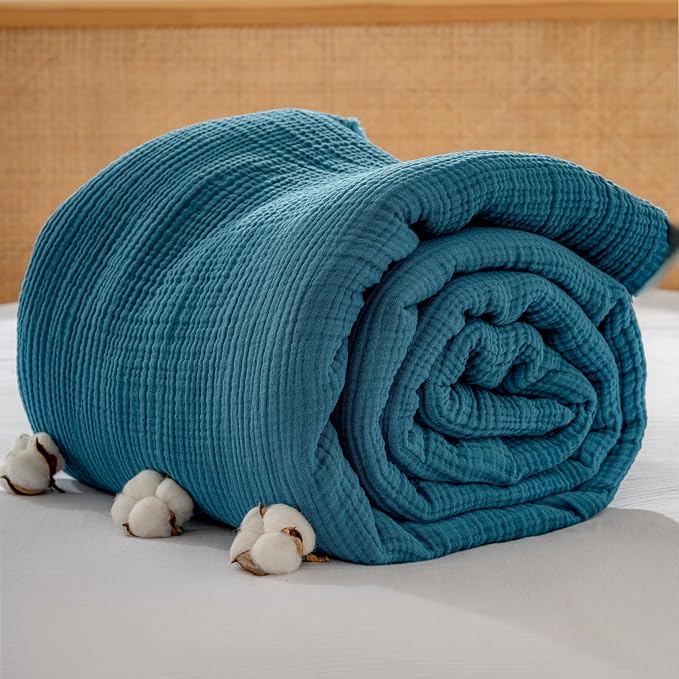 Muslin Blanket - Pure 100% Turkish Cotton Airy Soft Light Versatile Gauze Throw Blanket for Bed, Couch, Sofa (Petrol Blue, Throw Size (50" x 66" inch))