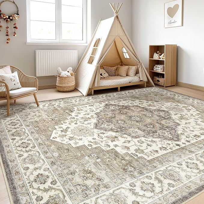 7x10 Area Rug Living Room: Washable Boho Large Neutral Vintage Soft Rug Stain Resistant Farmhouse Non-Slip Indoor Floor Carpet for Bedroom Nursery Kids Playroom Office Dining Room Home- Brown Beige