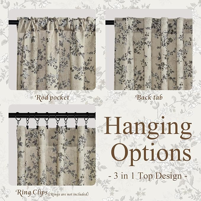 StangH Cottage Floral Curtains Vintage Printed Butterfly Pattern Thick Linen Textured Non-See-Through Drapes for Sliding Door/Guest Room/Kid's Room, W52 x L84, Porcelain, 2 Panels