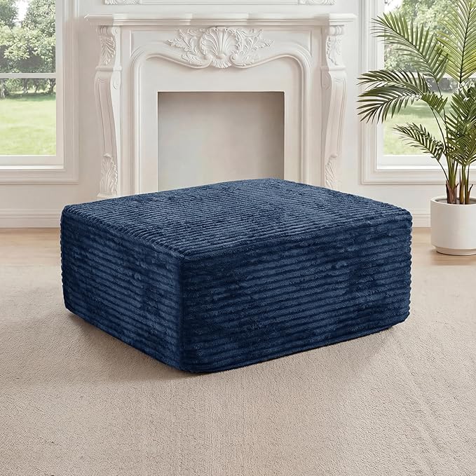 27.56'' Plush Fluffy Corduroy Poofy Ottoman in a Box for Boneless Sofa Couch, Modern Compressed Foot Rest, Small Comfy Rectangle Boneless Pouf Footstool Ottoman for Living Room, Bedroom, Navy Blue
