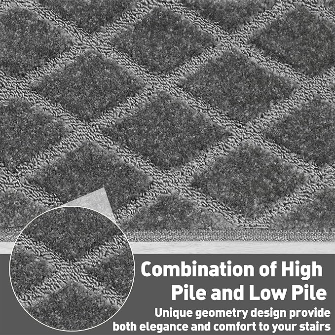 PURE ERA Carpet Stair Treads Tape Free Non Slip Indoor Stair Carpet Stair Protectors Pet-Friendly Non-Slip Skid Resistant Washable Reusable 8" x 30"(7 Pieces,Gray Diamond Trellis)