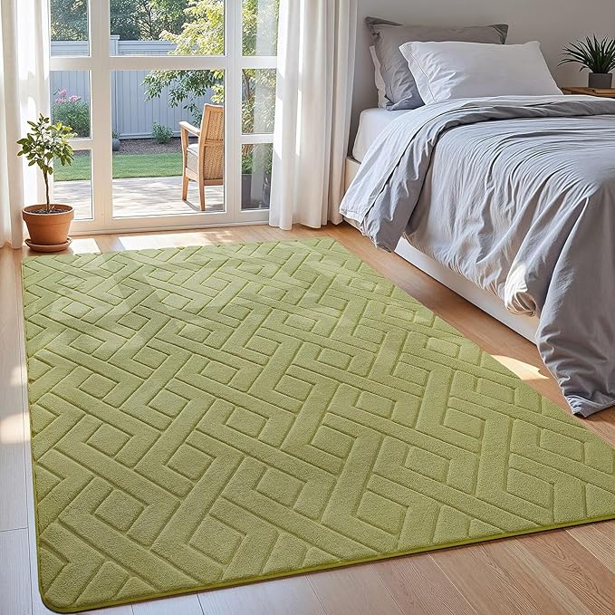 Macgace Ultra Soft Green Area Rug for Bedroom, 4x6 Modern Geometric Shag Rugs with Nonslip Backing for Living Room, Washable Fuzzy Carpet for Cozy Kids Room Nursery