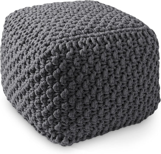 Casafield Square Pouf Ottoman, Dark Gray 18.5" W x 18.5" D x 14.5" H Cotton Knit Foot Stool - Boho Floor Pouffe for Living Room, Bedroom, Home Office
