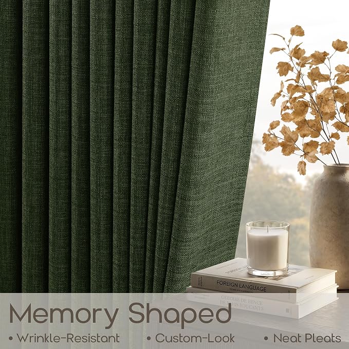 Short Pinch Pleated Curtains 24 Inch Length Olive Green Vintage Light Filtering Thick Linen Small Window Curtain for Kitchen Dining Room Aesthetic Semi Sheer Privacy Back Tab Pleat Drapes 24 Inches
