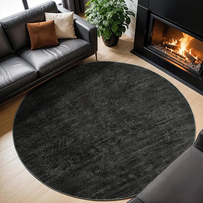 LIANLAM 6 FT Washable Rug, Black Solid Round Rugs for Living Room & Bedroom | Stain-resistant & Non-slip backing,Low Pile Washable Large Carpet, Solid Vintage Style For High Traffic Areas(6 FT,Black)