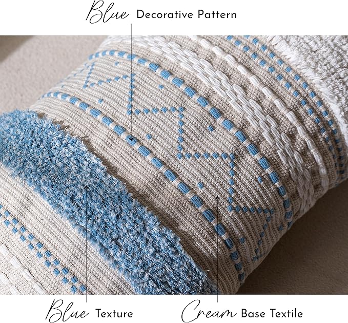 BlissBlush 14x36 Lumbar Pillow Cover for Bed, Rectangular Long Decorative Throw Pillowcase, Boho Accent Cushion with Blue Tufted Pattern and Tassels, Cream Neutral (Cover Only)