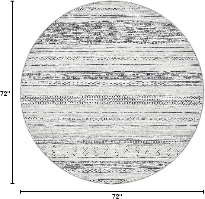 Tortania 6' Round Area Rug Living Room Rugs - Washable Large Soft Neutral Boho Moroccan Bohemian Farmhouse Rug Indoor Floor Carpet for Bedroom Under Dining Table Home Office Decor - Grey