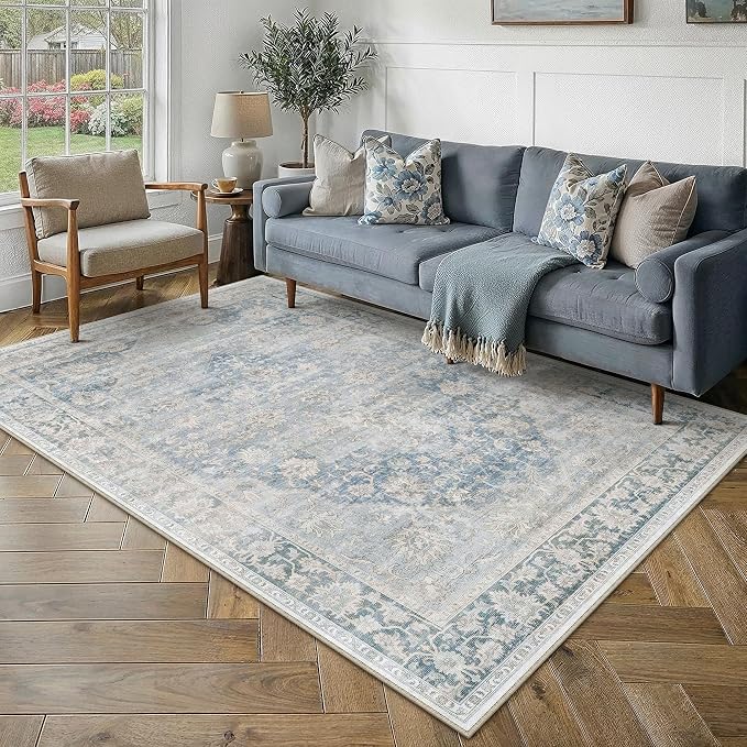 4x6 Washable Neutral Area Rug Blue Vintage Entryway Bathroom Carpet Non-Slip Soft Low Pile Oriental Indoor Throw Rug for Living Room Dining Room
