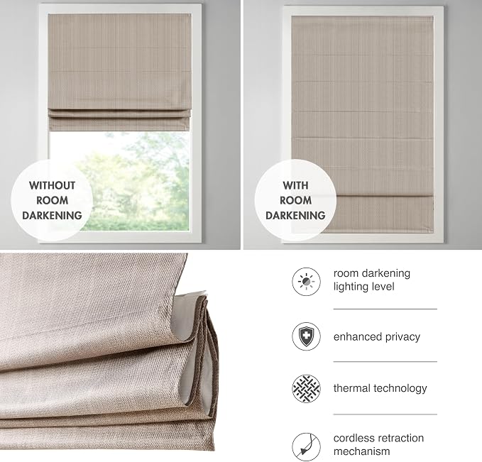Madison Park Galen Cordless Roman Shade, 23"W x 64"H, Sheen Taupe – Room Darkening, Thermal Insulated, Energy Efficient Window Blind with Subtle Sheen Basketweave Fabric for Privacy