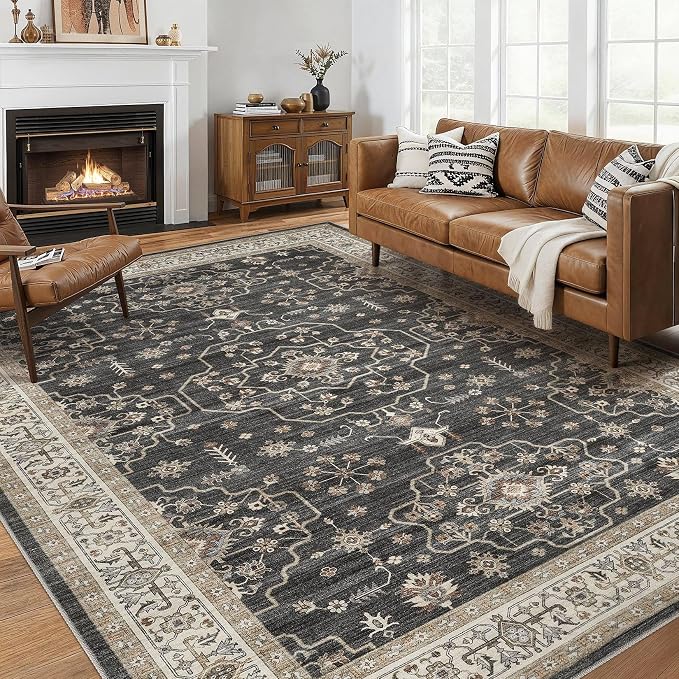 Area Rug for Living Room - 9x12 Soft Washable Oriental Vintage Floral Distressed Large Carpet - Fade Stain Resistant Non Slip Rugs for Bedroom Dining Room Nursery Dorm Office Home Decor - Black