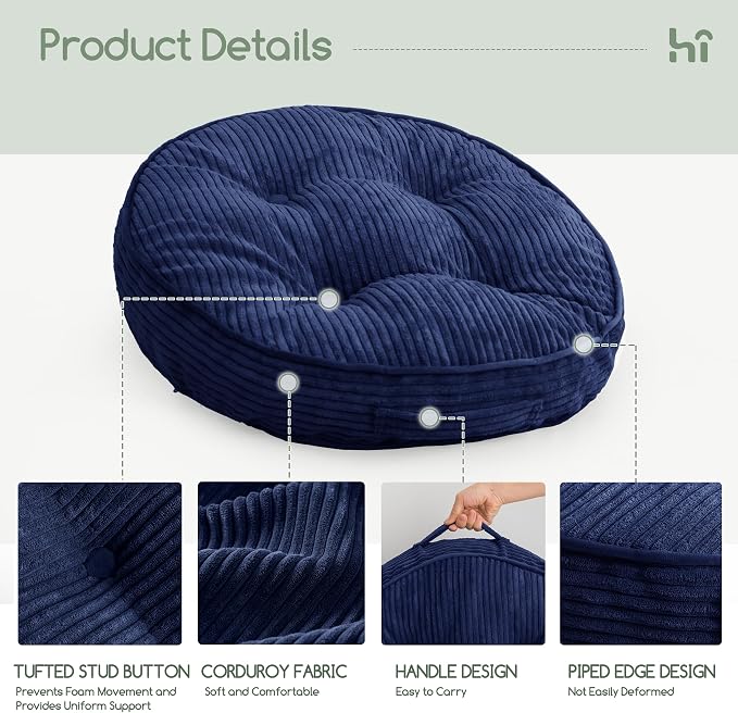 HIGOGOGO Floor Pillow Cushion for Adults, Meditation Cushion Pillow, Large Round Floor Sitting, Tufted Corduroy Cover, for Tatami Living Room or Yoga, 22x22 Inch, 2Pack, Navy
