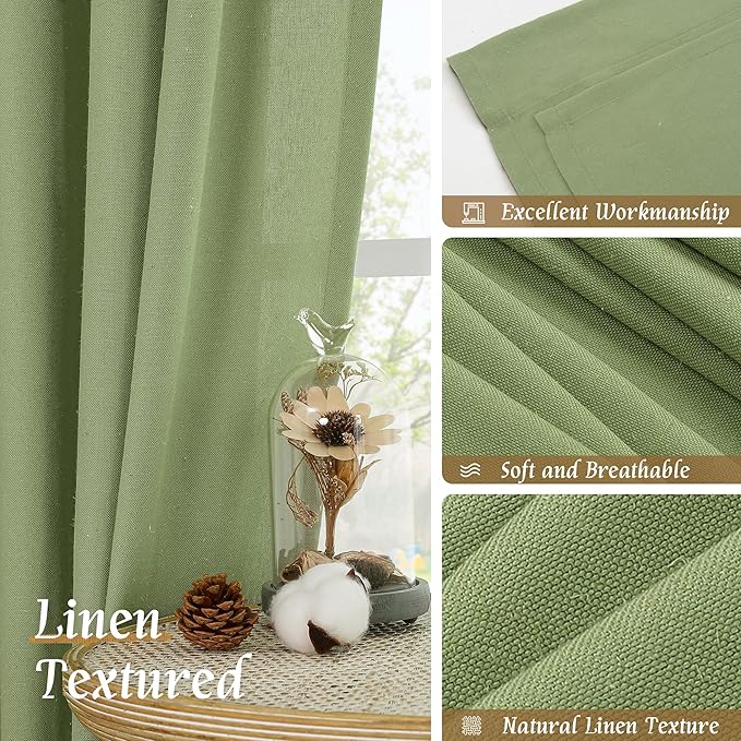 LAMIT Sage Green Linen Curtains for Small Windows, 45 Inches Long Light Filtering Panels Rod Pocket Neutral Privacy Drapes for Kitchen/Window/Bedroom, 2 Panels, 42 x 45 Inch