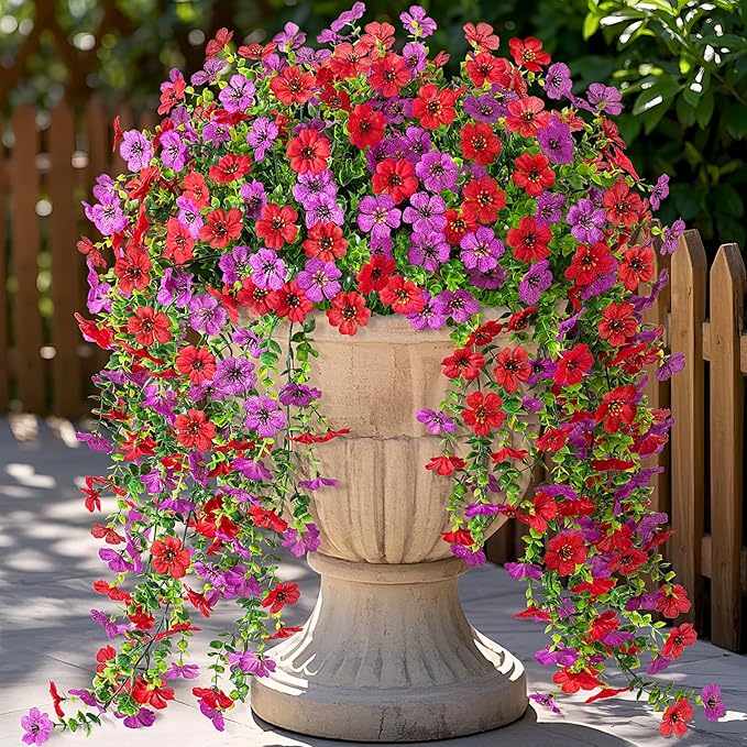 Ammyoo Artificial Hanging Flowers for Outdoors Fake Plants Decoration, 2 Packs Faux Silk Daisy Flower Realistic Outdoor Flowers UV Resistant Porch Patio Window Yard Indoor Spring Decor(Red Purple)