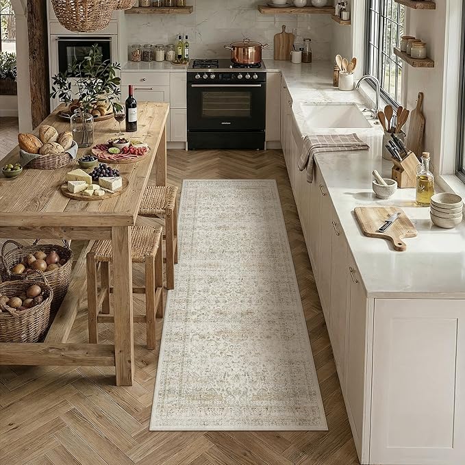 2x5 Washable Runner Rug Beige Vintage Non Slip Soft Low Pile Hallway Kitchen Rug Distressed Oriental Carpet for Laundry Bathroom Bedroom Living Room Home Decor