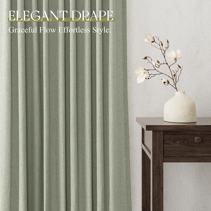 Jowels Sage Green Linen Curtains 104 Inch Long 2 Panels for Living Room | Light Filtering Semi Sheer Curtain, Back Tab Pocket Pleated Look, Boho Farmhouse Textured Privacy Drapes for Bedroom Window