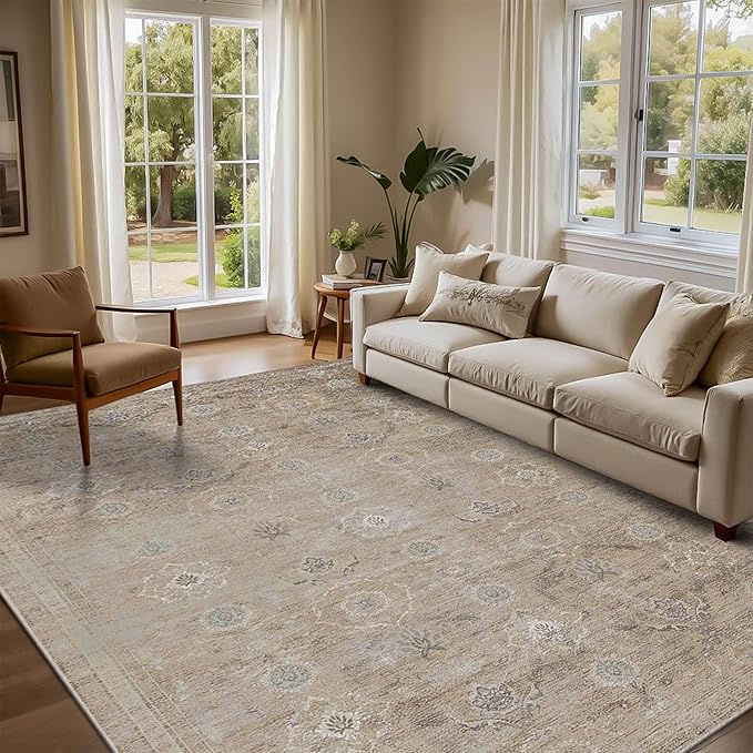 Rugxara Beige Rug 5x7 Neutral Area Rugs for Living Room Bedroom, Washable Vintage Floral Retro Boho Non Slip & Low Pile Carpet for Indoor Dining Room and Kids Room(Beige 5x7ft)