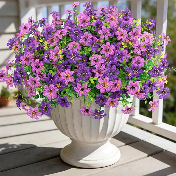 Ouddy Decor 24 Bundles Artificial Flowers for Outdoors Fake Silk Flowers Faux Plastic Plant UV Resistant for Spring Summer Porch Garden Yard Plants Wedding Indoor Outdoor Home Decoration, Purple Mixed