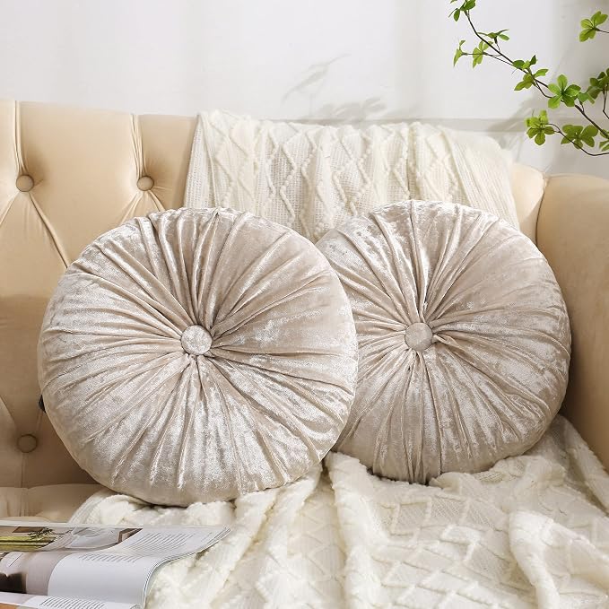 Verpert Pack 2：Round Floor Cushions Pillow, Solid Color Velvet Meditation Cushion Pumpkin Pleated Meditation Pillow for Home Sofa Bed Car Decor Floor Pillow Cushion Beige