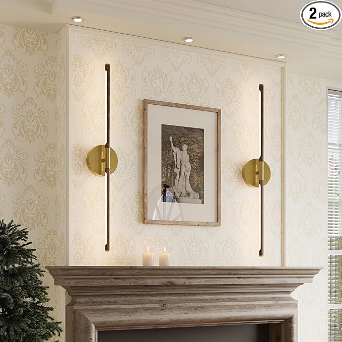 Battery Operated Wall Sconce Set of 2-8000mAh, Rechargeable, Dimmable, 3000K-6000K, Remote, Touch Control, Timer, 350° Rotate, LED Wall Lamps for Living Room, Bedroom, 32 Inch, Walnut Gold