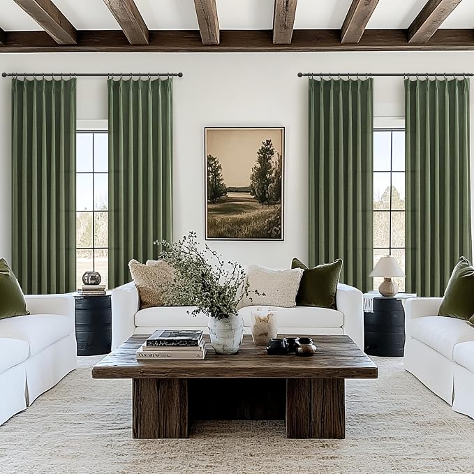 PleatedDrapes Loden Kitchen Window Curtains & Drapes 63 Inches Long 2 Panel Set, Pinch Pleat Natural Linen Sheer Dark Green Boho Light Filtering Curtain Back Tab for 40 x 63 Inch Length Small Windows