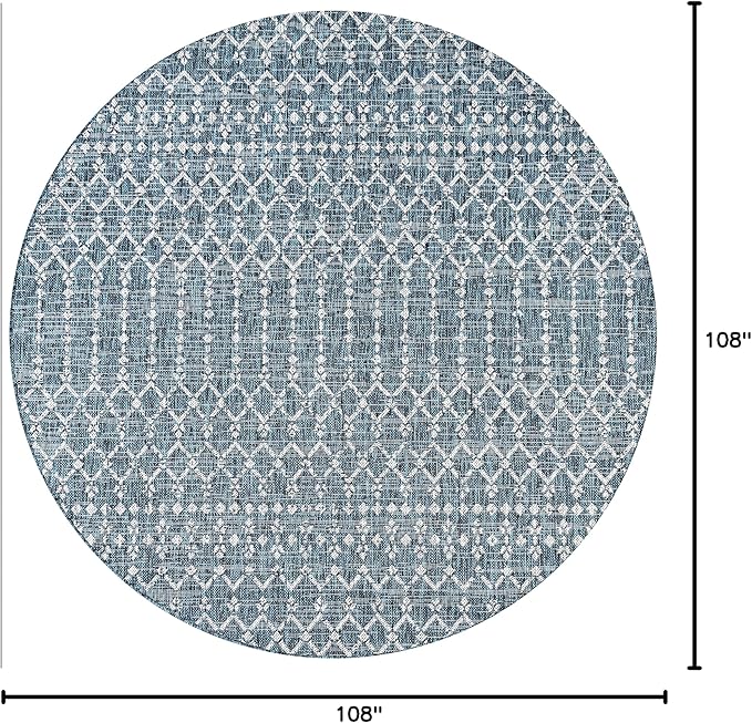 JONATHAN Y Moroccan Geometric Indoor Outdoor Round Area Rug 9 Ft Teal/Gray, Ourika Textured Weave for Backyard, Patio, Porch, Easy-Cleaning, High Traffic, Pet-Friendly, Non-Shedding (SMB108C-9R)