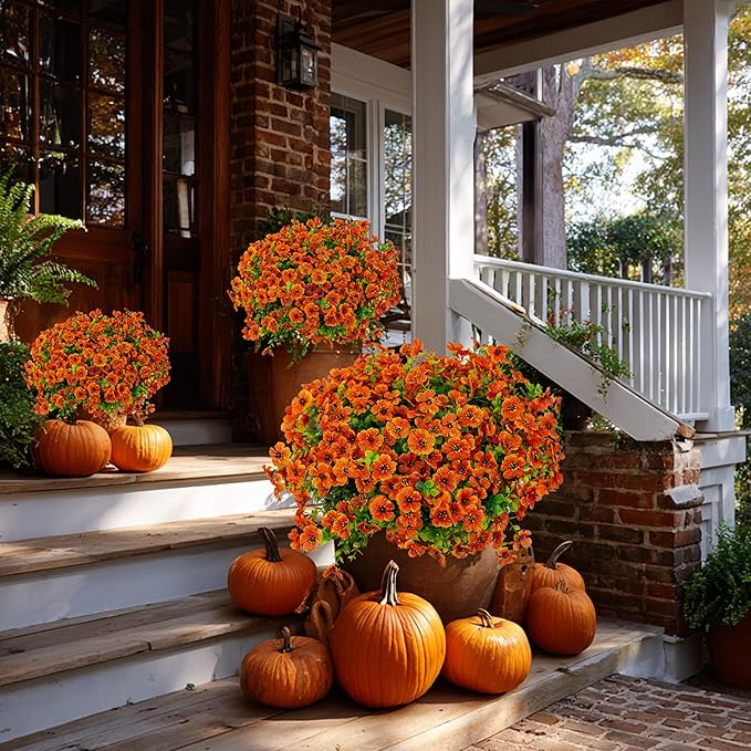 AXYLEX Artificial Fall Flowers Outdoor Fake Mums - 16 Bundles Fake Plants UV Resistant No Fade Faux Plastic Greenery Garden Porch Patio Fall Home Decor (Red Orange16)