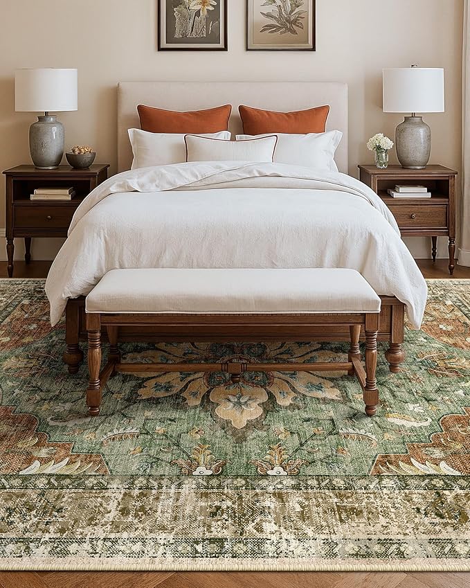 RELEANY Area Rugs 10'x14' Washable Non-Slip, Floral Vintage Distress Print Pattern Medallion Carpet for Living Room Bedroom Dining Room, Brick Red Rust Neutral Brown Burnt Orange Green
