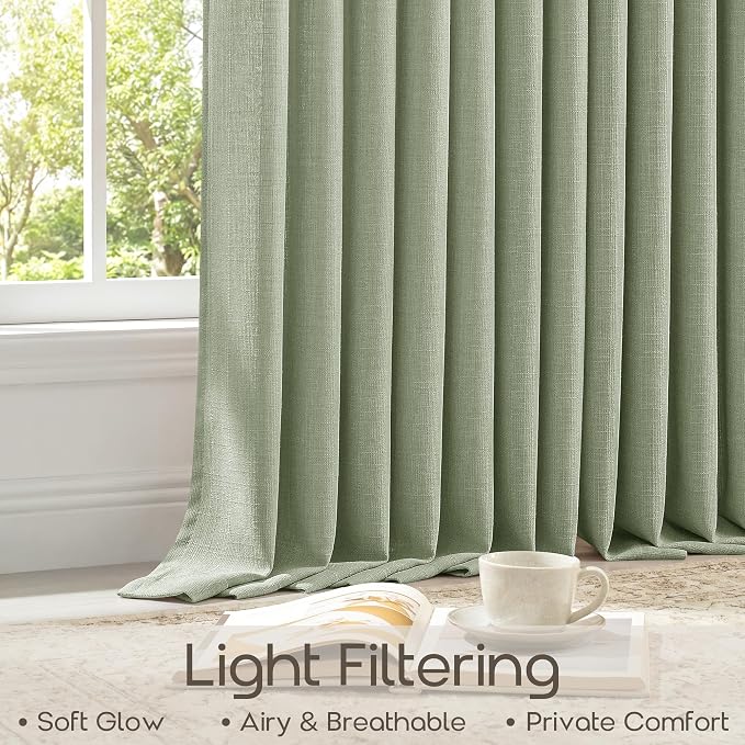 Sage Green Thick Linen Extra Long Curtains 120 Inches Long Light Filtering Sheer Memory Shaped Pinch Pleat Drapes for Tracks Farmhouse Bohemian High Ceiling Curtains for Living Room Bedroom 120 Inch