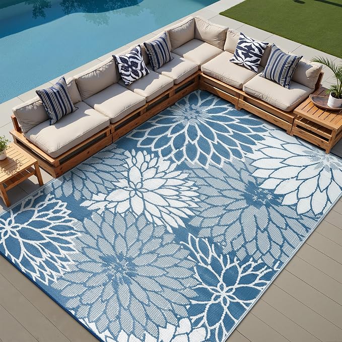 HUGEAR 8'x10' Outdoor Rug Waterproof Plastic Straw Rugs Large Blue Reversible Floral Mat Floor Carpet for Camping RV Deck Entryance Porch Picnic Balcony Beach Backyard