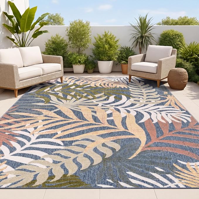 JONATHAN Y Tropics Palm Leaves Indoor Outdoor Area Rug 5x8 Dark Blue/Multi | Ships Rolled, Durable Flat Weave, Lays Flat for Backyard, Patio, Porch, Easy-Cleaning, High Traffic,Pet-Friendly,Non-Shedding