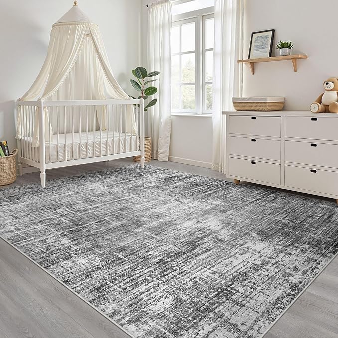 8x10 Area Rug Living Room: Washable Large Neutral Black Rug Abstract Soft Modern Stain Resistant Indoor Floor Non-Slip Carpet for Bedroom Nursery Kids Office Playroom Dining Room Under Table Home