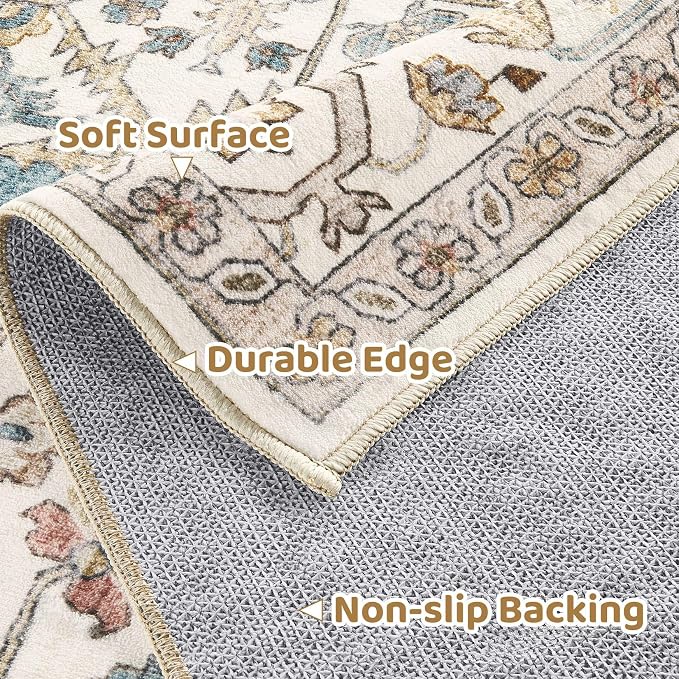 Area Rug for Living Room - 8x8 Soft Washable Oriental Vintage Floral Distressed Large Carpet - Fade Stain Resistant Non Slip Rugs for Bedroom Dining Room Nursery Dorm Office Home Decor - Blue/Beige