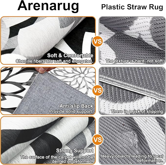 5x8 Outdoor Area Rug Washable Multicolored Patio Rug Tropical Botanical Floral Chenille Waterproof Outdoor Carpet for Living Room, Deck, Backyard, Porch, Black