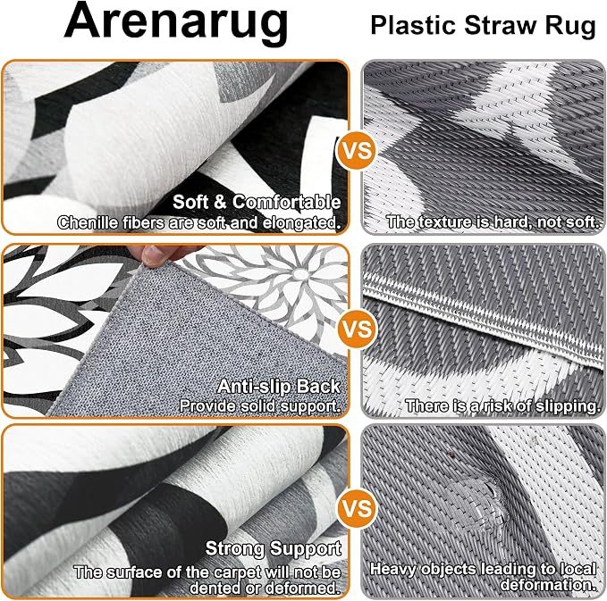 8x10 Outdoor Area Rug Washable Multicolored Patio Rug Tropical Botanical Floral Chenille Waterproof Outdoor Carpet Non-Slip for Deck, Backyard, Porch, Black