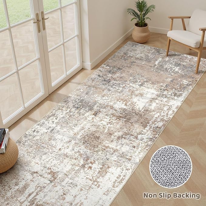 Runner Rug Kitchen Washable Rugs: 3x8 Non-Slip Abstract Soft Modern Stain Resistant Indoor Floor Neutral Accent Throw Carpet for Hallway Bathroom Laundry Room Entryway Bedroom- Brown