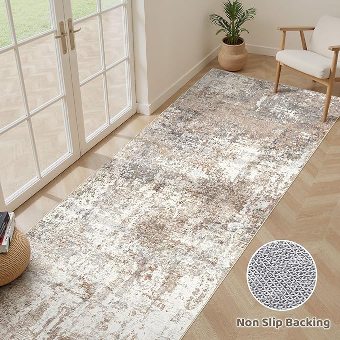Runner Rug Kitchen Washable Rugs: 2x8 Non-Slip Abstract Soft Modern Stain Resistant Indoor Floor Neutral Accent Throw Carpet for Hallway Bathroom Laundry Room Entryway Bedroom- Brown