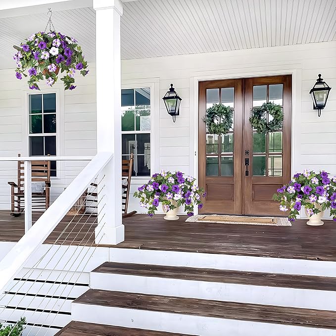 Ammyoo Artificial Hanging Fake Flowers with Basket Plants for Outdoor Decoration, Faux Silk Flower UV Resistant Morning Glory for Home Porch Patio Garden Balcony Yard Look Real (Purple White)