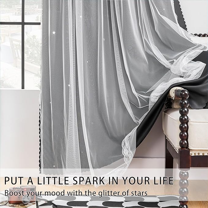 XiDi Black Curtains for Bedroom 63 Inches Long Hollow Star Curtains Blackout Modern Luxury Unicorn Decor for Kids Girls Room Black Out Drapes for Living Room 2 Panels 34x63