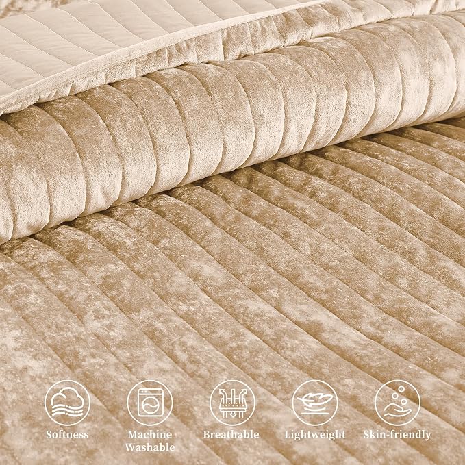 Luxury Soft Velvet Quilt Set Queen Size - Lightweight Velvet Bedding Set for All Season, Oversized Bedspread Coverlet Comforter Set with 2 Pillow Shams, Beige Brown, Striped