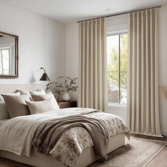 Flax Linen Curtains 108 Inches Long Pinch Pleat for Living Room Dining 2 Panels Tan Khaki Greyish Brown Light Filtering Privacy 108 Inch Pleated Drapes Hooks Rings Back Tab for Sliding Door Bedroom